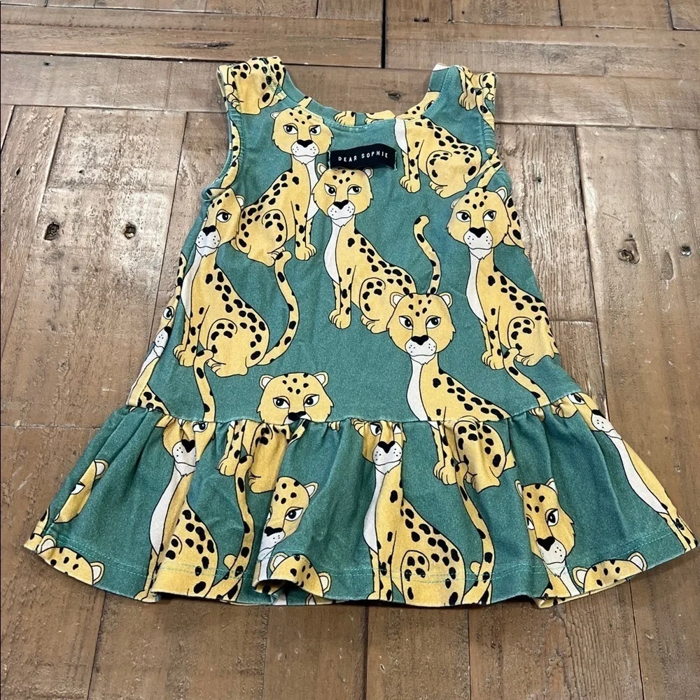Dear Sophie Leo dress green drop waist leopard print graphic organic 9-12 months